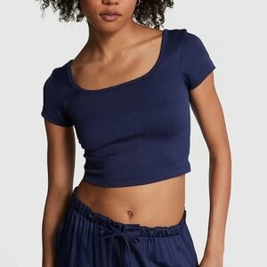 Pink Victoria's Secret Seamless Rib Short Sleeve Crop Navy Top Large New Tags